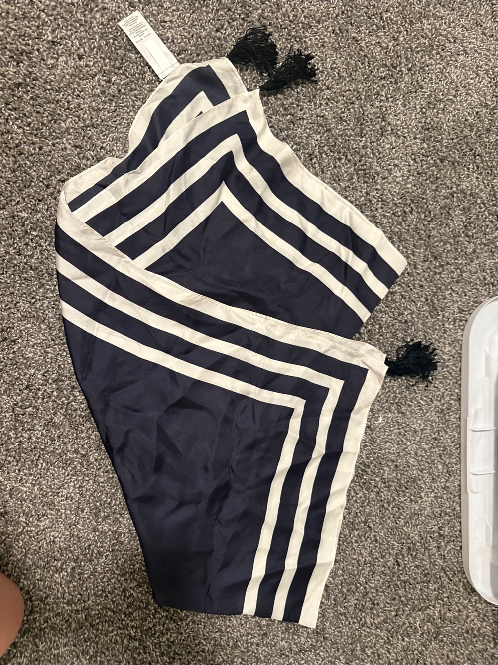Navy and white stripe scarf with tassels